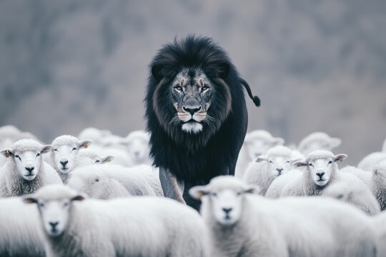 Lion walking among sheep in a surreal landscape, showcasing wildlife interactions and natures contrasts in a captivating photo.