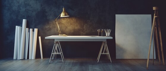 Modern art studio setup with creative workspace, drawing tools, blank canvas, and home office decor in a stylish design environment.
