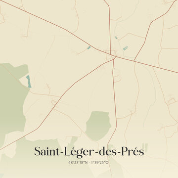 Vintage map of Saint-L&eacute;ger-des-Pr&eacute;s, France.
