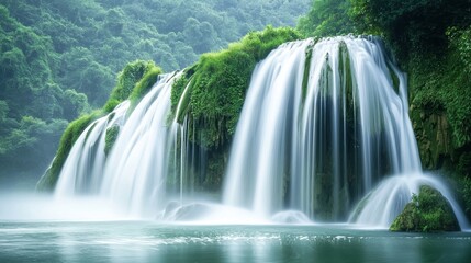 Fototapeta premium Majestic Waterfall Surrounded by Lush Greenery in Tranquil Setting