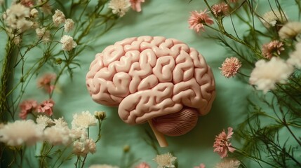 World mental health awareness day. Human brain and flowers on a green background 
