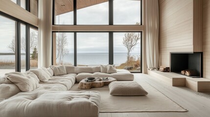 Fototapeta premium Bright living room with panoramic windows and a sea view, featuring cozy soft furniture and a minimalist interior.