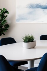 Modern dining room design with round table, accent chairs, indoor plant centerpiece, and abstract wall art for contemporary home interiors.