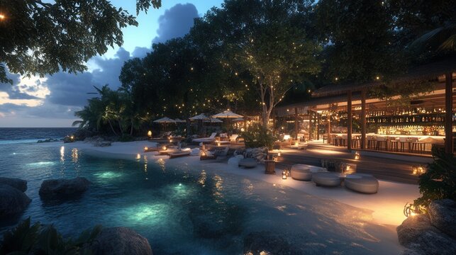 Atmospheric beachfront bar with a lounge area by the ocean at sunset, featuring plush sofas, a wooden deck, and lanterns.
