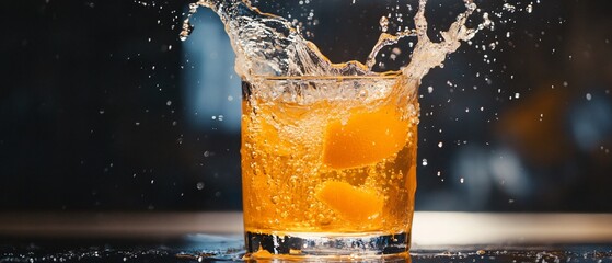 Orange Juice Splashing Into Glass: Refreshing Beverage Ad