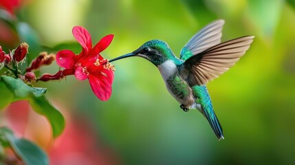 Vibrant Hummingbird Feeds on Bright Red Flower in Nature Scene