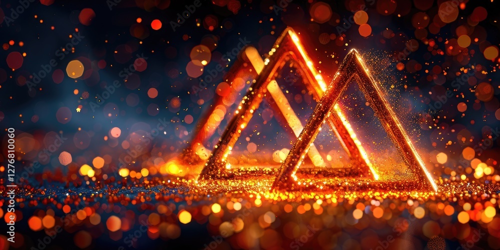 Poster triangular shapes with glowing lights and bokeh background in warm tones for abstract designs