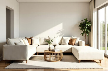 Blur background of Interior of light living room with sofas, rattan table and soft carpet --ar