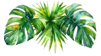 Obraz premium Lush Green Palms and Monstera Leaves in Vibrant Watercolor for Nature and Tropical Themes