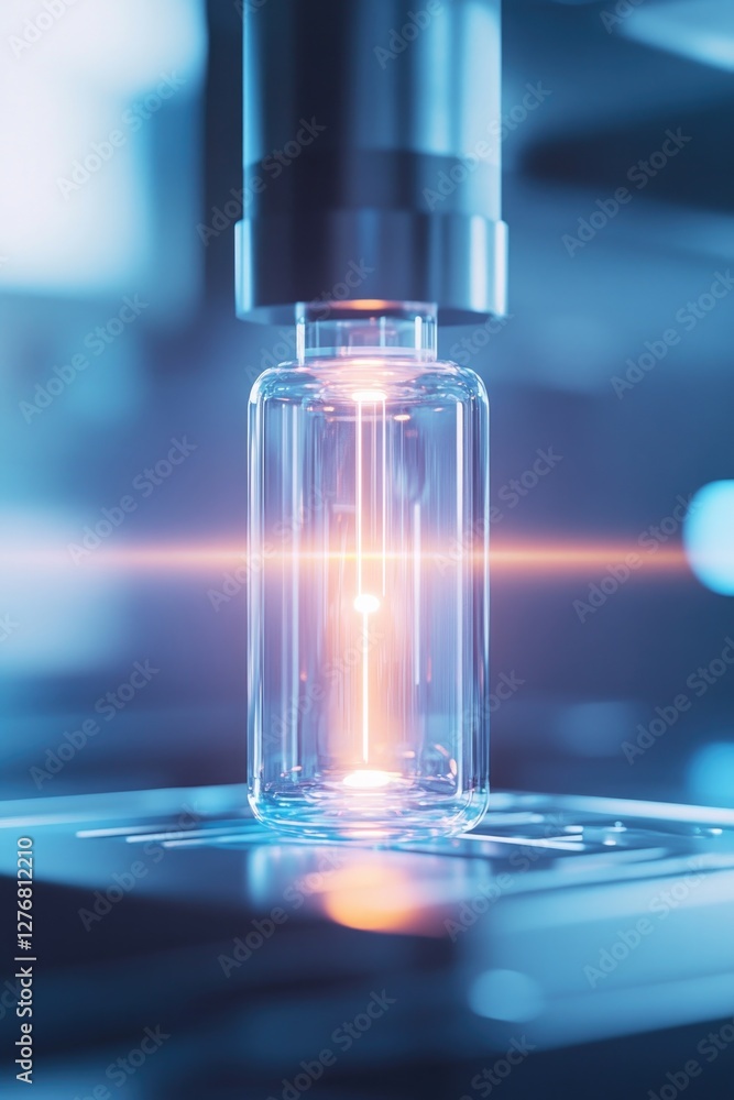 Poster close-up of glowing vacuum tube in modern computer setup merging retro engineering with futuristic t