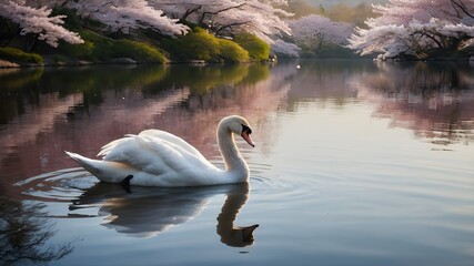 Fototapeta premium A graceful white swan glides across the lake, embodying the beauty of swans in the wild. A close-up portrait captures