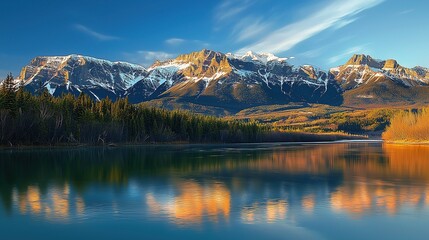 Fototapeta premium Majestic Mountain Range with Snow-Capped Peaks Reflecting in the Lake, Serene and Picturesque Landscape Bathed in Golden Lighting Against a Clear Blue Sky