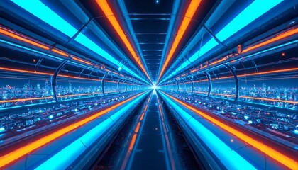 A futuristic cityscape is depicted through a tunnel-like structure with neon lights and a distant skyline.