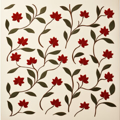 Red flowers and green leaves in swirling vine pattern on light background
