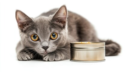 Gray kitten lying beside a can of food on white
