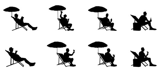 Vector set of people sitting on chairs on the beach