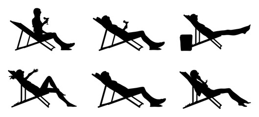 Vector set of people sitting on chairs on the beach