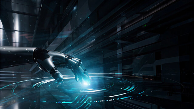 Futuristic Robot Hand Interacting with Holographic Interface Technology Concept