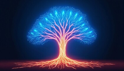 A tree with glowing roots and branches in the dark blue night sky.