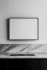 Modern kitchen interior with empty wall frame and marble countertop design, minimalistic style suitable for interior decor and home renovation projects.