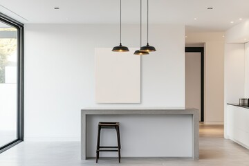 Modern kitchen interior with minimalist design, pendant lighting, open space, and blank wall for artwork display in contemporary home setting