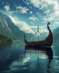 Vikings on a longboat with a longship head armed w_011