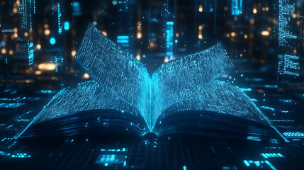 A futuristic learning environment where a digital book with AI narration responds with animated 3D models and voice-guided explanations based on reader queries 