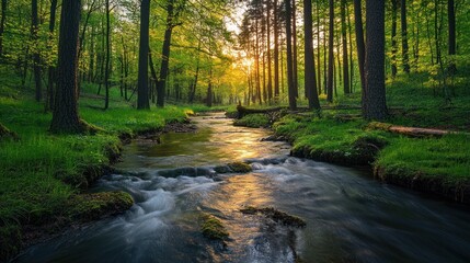 Obraz premium Serene forest stream at sunset with lush greenery