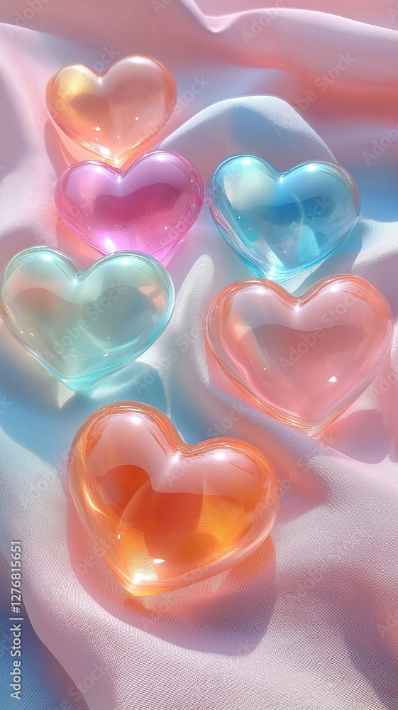 Poster translucent heart shaped objects on soft fabric
