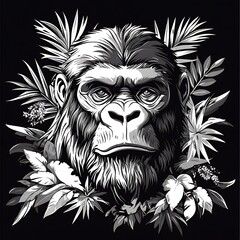 Fototapeta premium Gorilla portrait framed by tropical foliage. Graphic art for apparel
