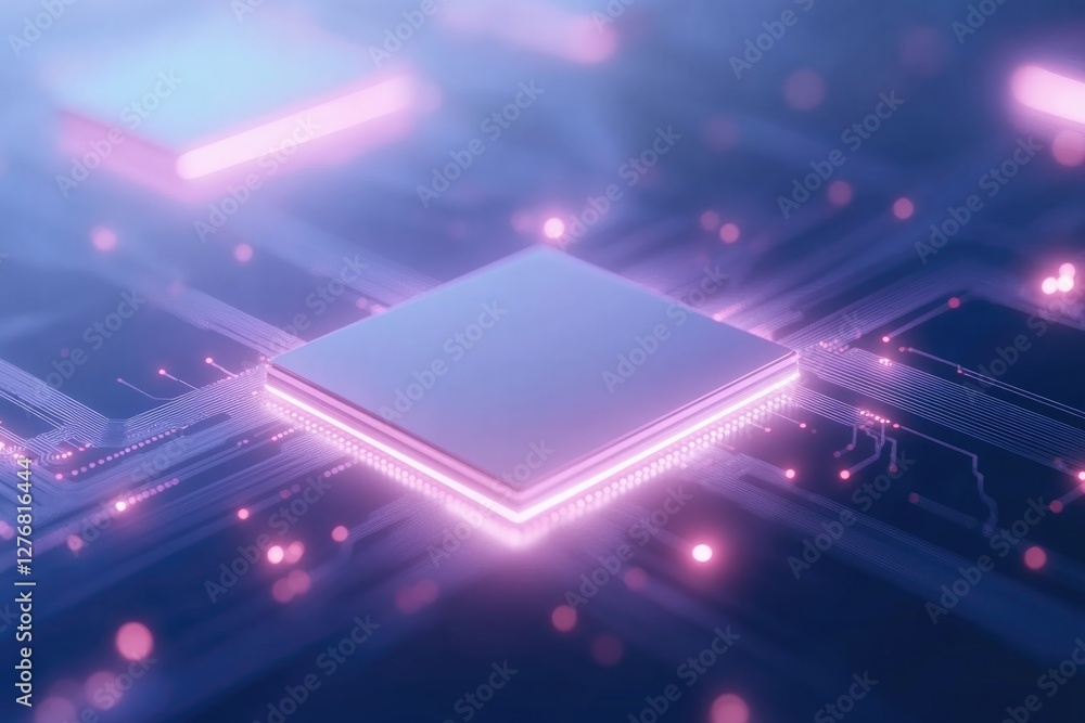 Poster minimalistic stock photo of high-performance semiconductor chip surrounded by illuminated circuit li