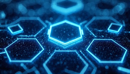 Fototapeta premium A futuristic background of blue hexagons and squares with white lines outlining them.