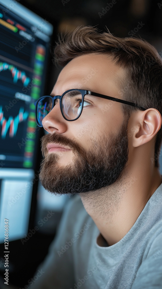 Poster focused man analyzing stock market data on computer screen