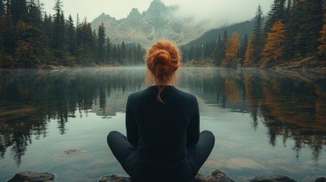 A woman sits peacefully at the water's edge, surrounded by autumn colors