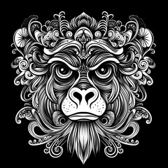 Obraz premium Ornate monkey head design, graphic art, black and white