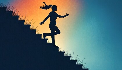 A silhouette of a girl with long hair running up stairs at sunset.