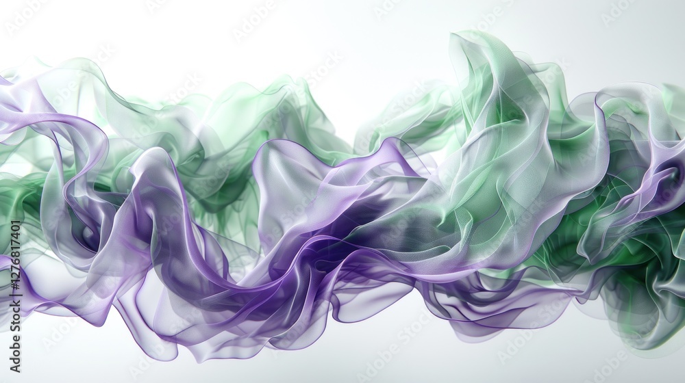 Poster a fluid smoke pattern in violet and emerald glows softly, creating an organic and diffused look