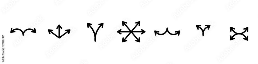 Poster set of black arrows icons. curves pointer, turn to the side. direction right left down up.geometric 