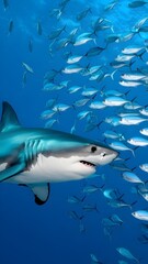 Fototapeta premium Great White Shark Swimming In front Of A School Of Fish