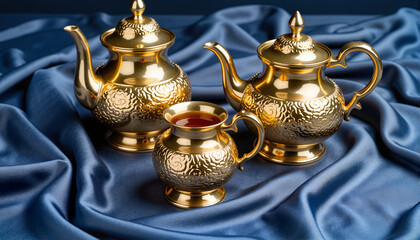 Elegant golden tea set on luxurious blue silk for blogs, websites, culinary design projects, event invitations, stationery, and tea-related illustrations