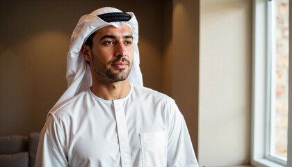 Man in traditional attire appearing thoughtful indoors for blogs, websites, cultural articles, diversity awareness, educational content, and personal development presentations