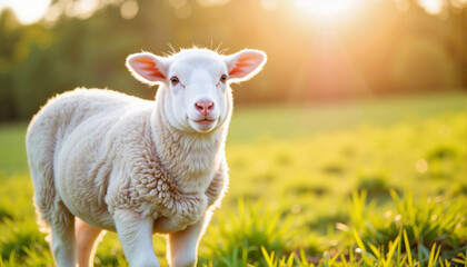 Obraz premium Young sheep standing in sunlit green grass for blogs, websites, animal-themed designs, educational materials, agricultural awareness campaigns, greeting cards, and digital illustrations