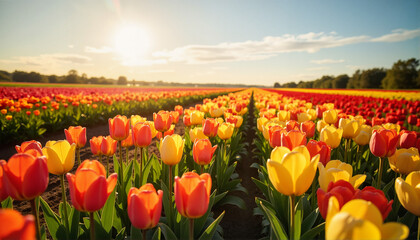 Vibrant tulip field under a sunset for blogs, websites, gardening themes, invitations, seasonal promotions, educational materials, and nature-themed designs