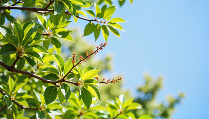 Lush green leaves and budding flowers against a clear blue sky for blogs, websites, nature-themed designs, environmental education, and seasonal greeting cards