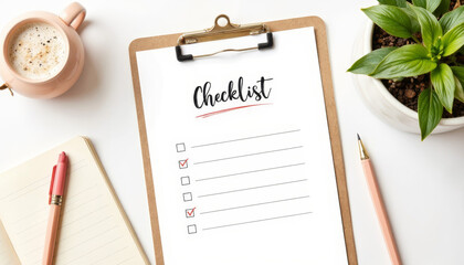 Organized checklist on clipboard in minimalistic workspace, productivity