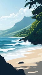 Tropical beach landscape features mountains ocean trees and bright sky