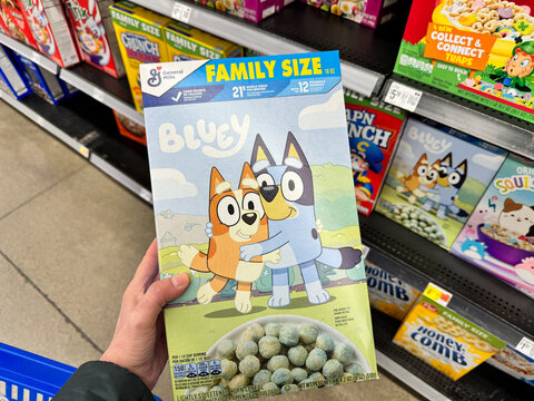 Vadnais Heights, Minnesota - February 17, 2025: General Mills cereal Bluey breakfast cereal at a grocery store