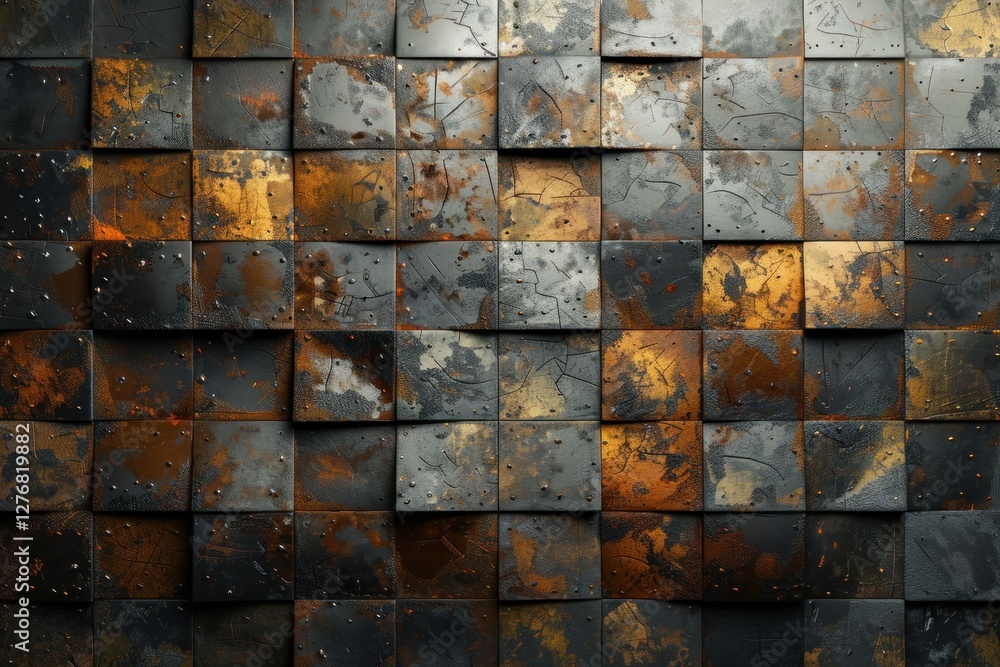 Poster a close-up reveals a complex array of rusted metal panels with geometric designs, illuminated softly
