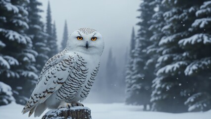 Fototapeta premium A majestic snowy owl perched on a frost-covered branch in the middle of a vast, snow-laden wilderness