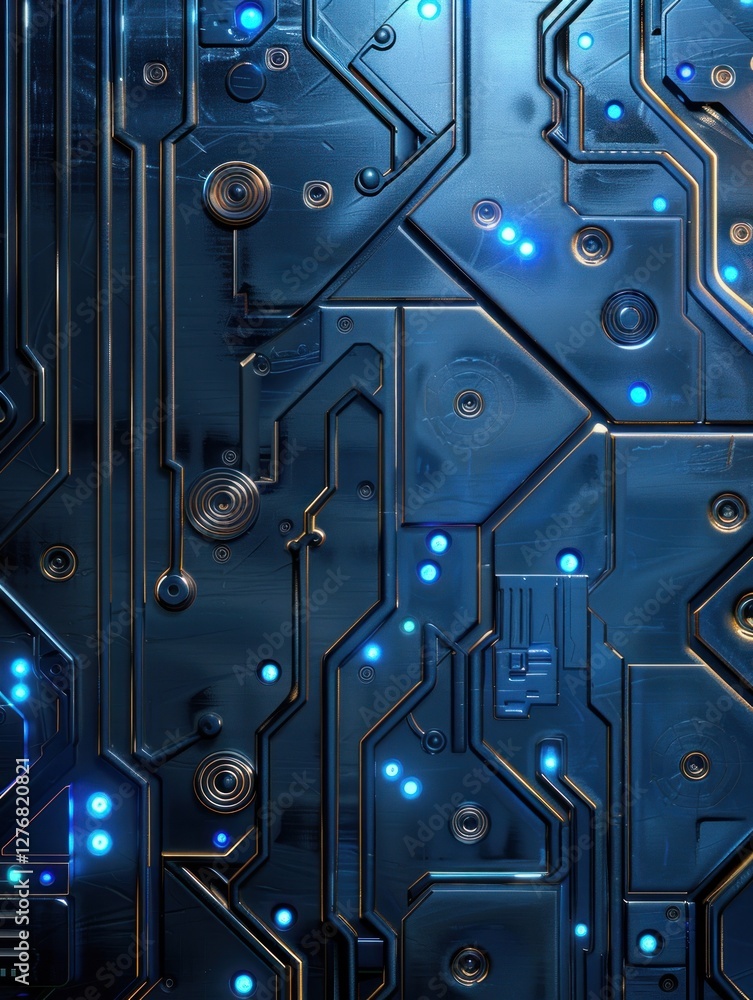Poster brushed steel panel features embedded glowing circuits with soft ambient light, creating a high-tech